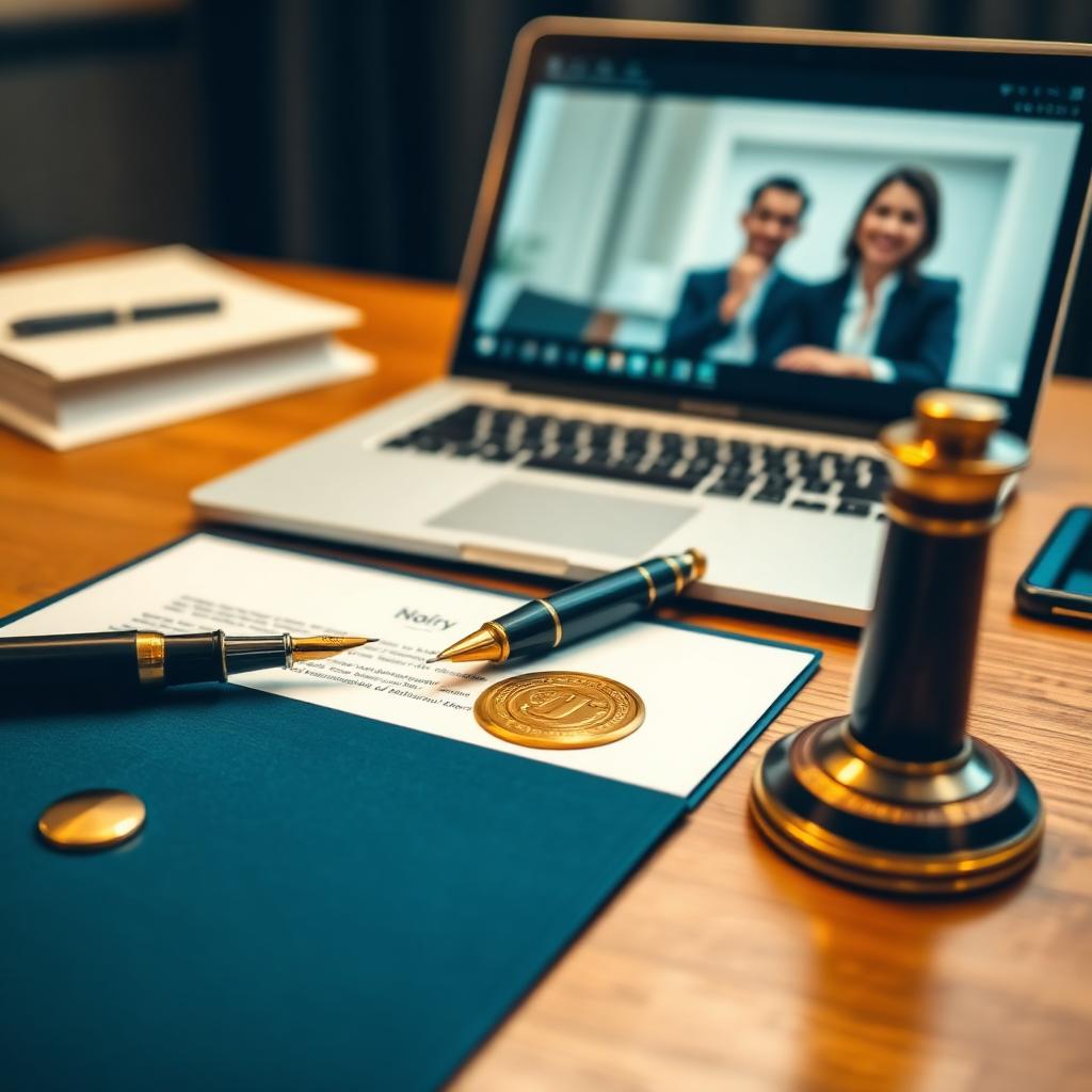 Notary desk with fountain pen, gold-sealed document, and laptop for virtual signing